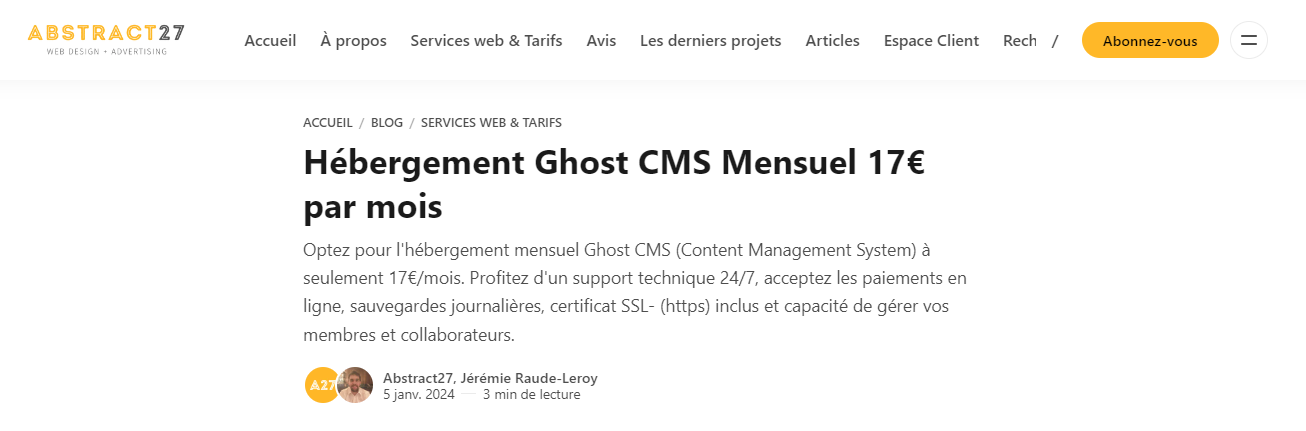 Offre d'hébergement de Ghost CMS proposée par Abstract27 pour 17€ par mois