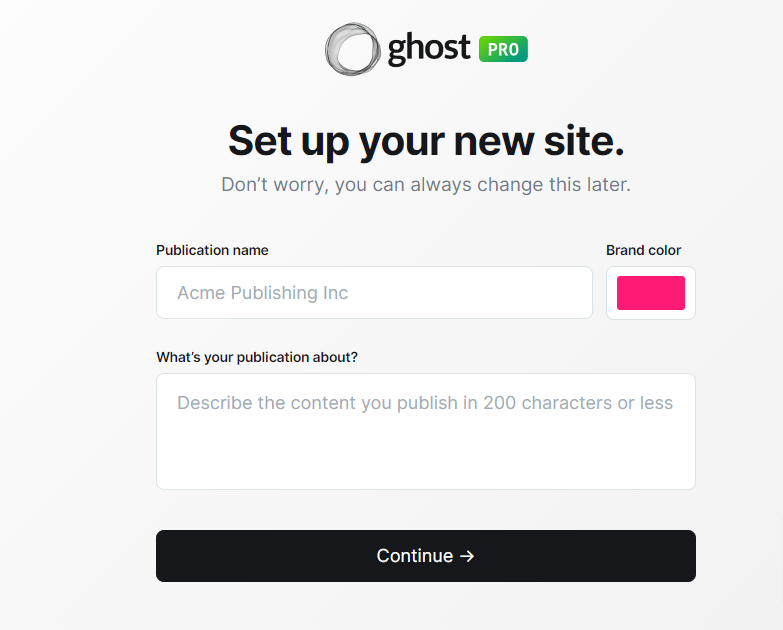 Page de Ghost Pro pour la création d'un nouveau site web