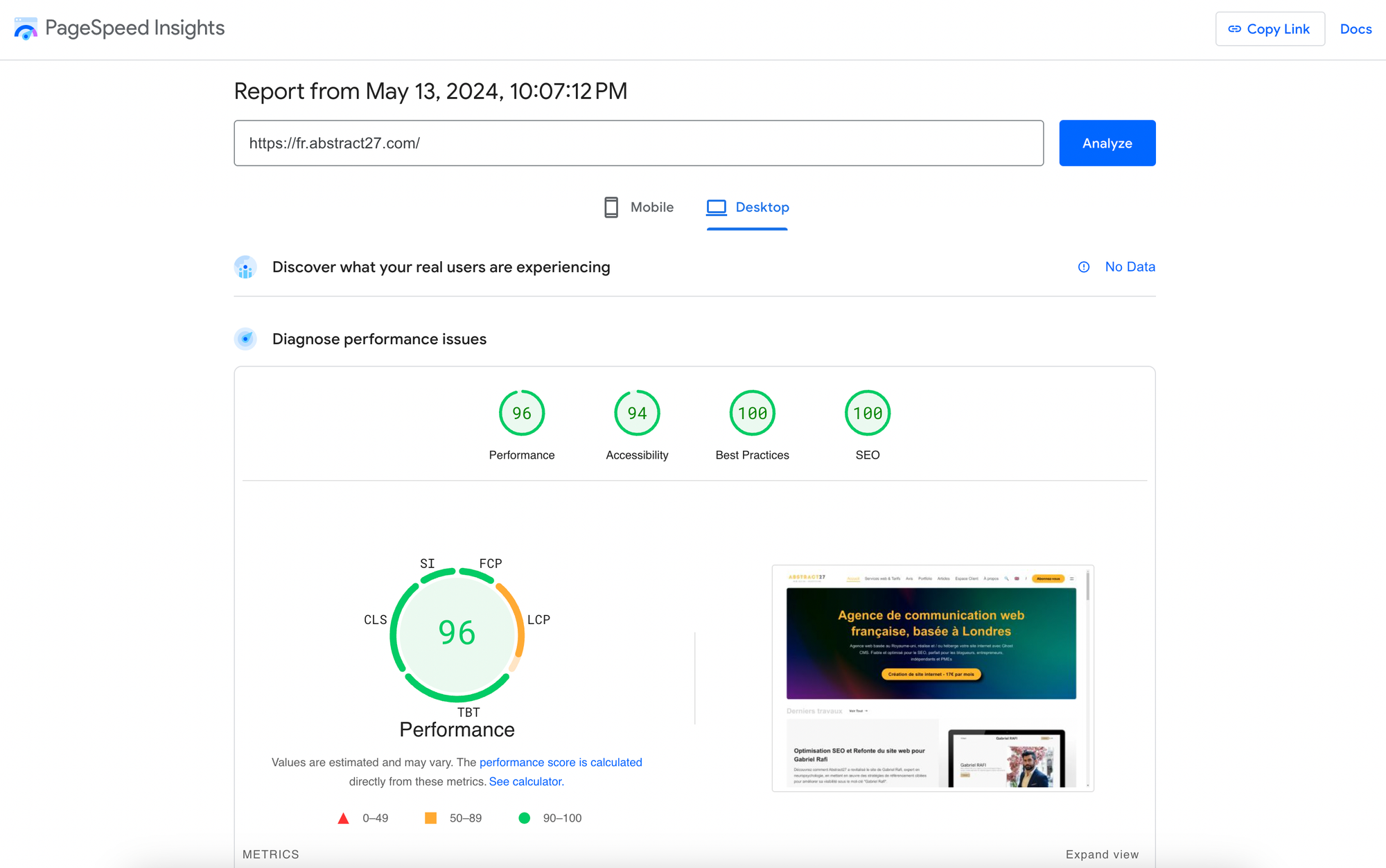 Google Page Speed insights montrant toutes les performances au vert