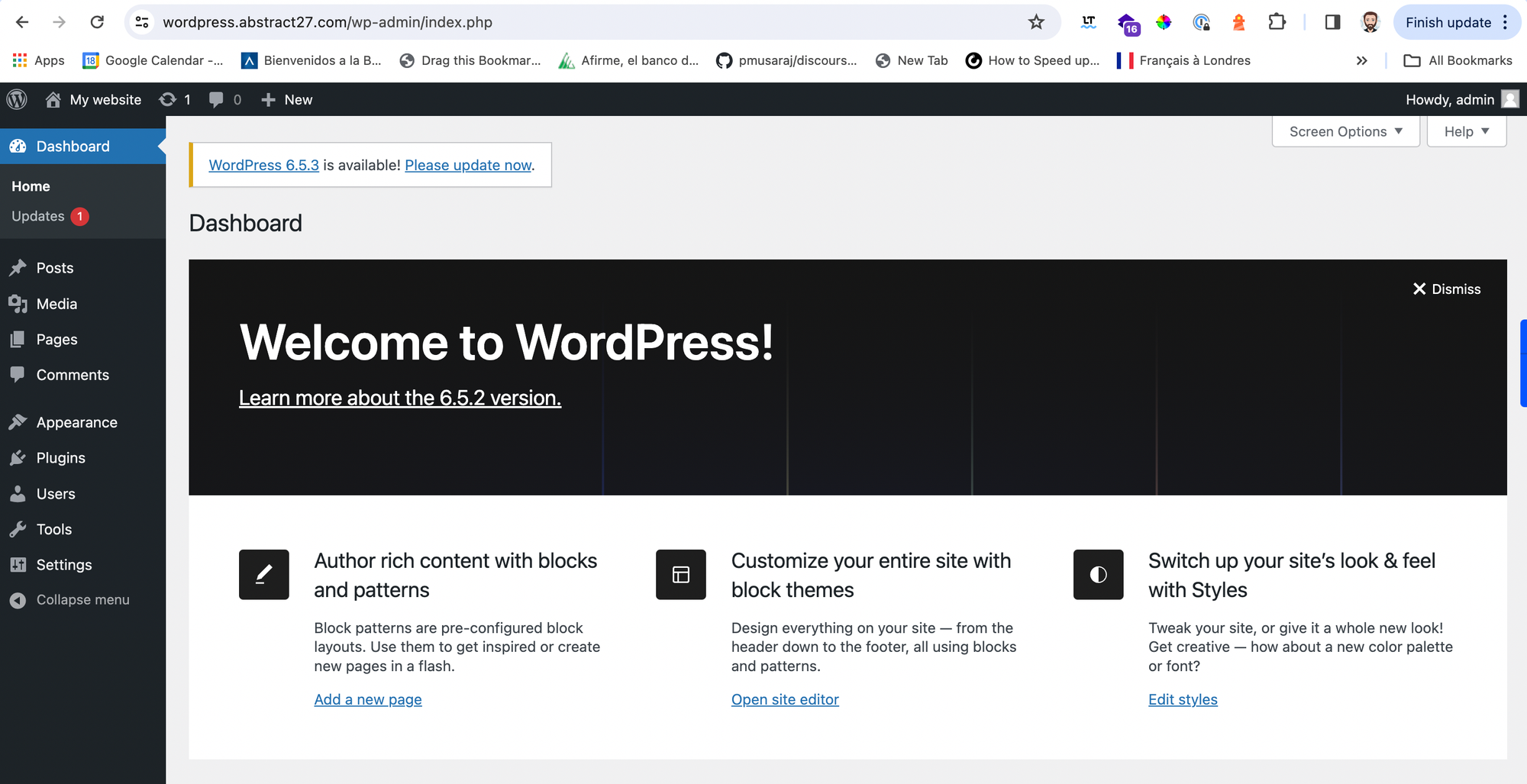Tableau de bord Wordpress