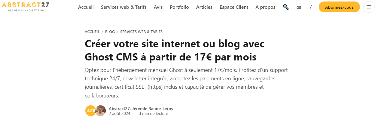 landing page service hébergement Ghost CMS d'Abstract27